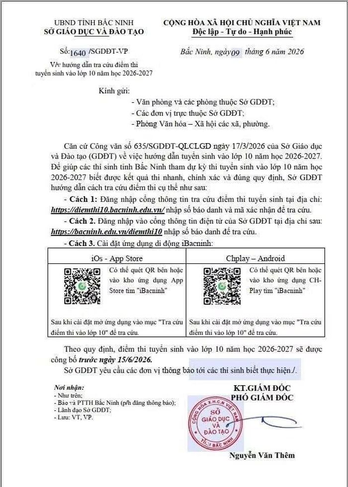 Văn bản hướng dẫn của Sở GD&ĐT.