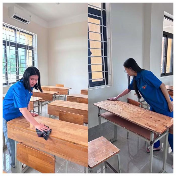 Đoàn viên thanh niên Trường THPT Hướng Hóa dọn dẹp vệ sinh phòng thi.