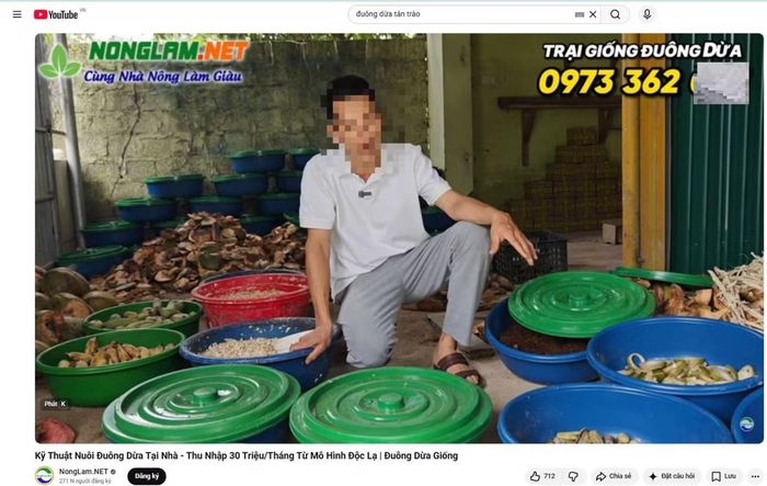 Ông T xuất hiện trong video giới thiệu, quảng bá mô hình nuôi đuông dừa trên kênh Youtube: Nonglam.NET. Ảnh chụp màn hình.