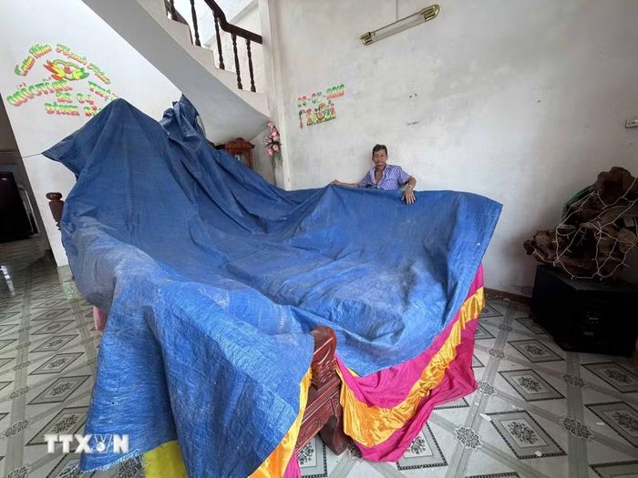 Vì quá bụi, anh Nguyễn Thanh Liêm ở thôn Minh Tân Bắc, xã Mỏ Cày, tỉnh Quảng Ngãi phải dùng bạt phủ lên nội thất trong nhà. (Ảnh: Cao Nguyên/TTXVN)