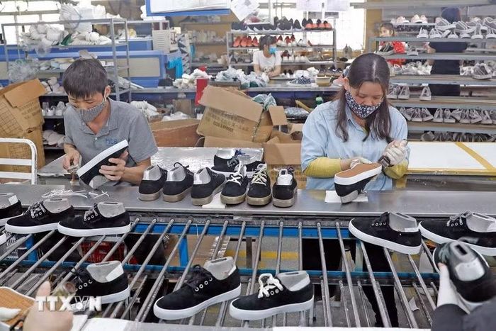 Sản xuất giày xuất khẩu sang thị trường EU tại Công ty trách nhiệm hữu hạn Hóa dệt Hà Tây. (Ảnh: Trần Việt/TTXVN)
