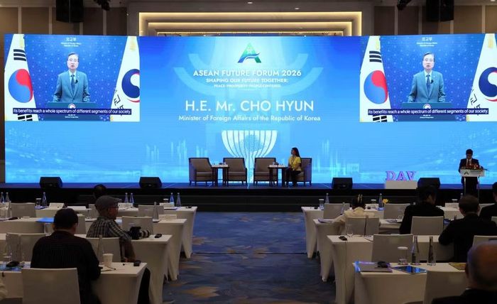 Thông điệp video của Bộ trưởng Ngoại giao Hàn Quốc Cho Hyun. (Ảnh: An Đăng/TTXVN)