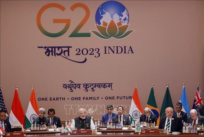 Thủ tướng Ấn Độ Narendra Modi (giữa) phát biểu tại Hội nghị thượng đỉnh G20 ở New Delhi, Ấn Độ, ngày 9/9/2023. Ảnh tư liệu: AFP/TTXVN