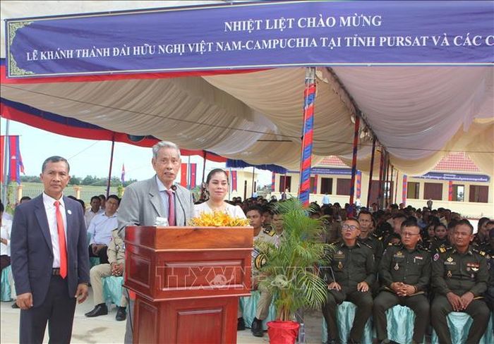 Ông Nhem Valy, Phó Chủ tịch Thường trực kiêm Tổng thư ký Hội đồng quốc gia Mặt trận Đoàn kết Phát triển Tổ quốc Campuchia phát biểu tại sự kiện. Ảnh: Minh Hưng/PV TTXVN tại Campuchia