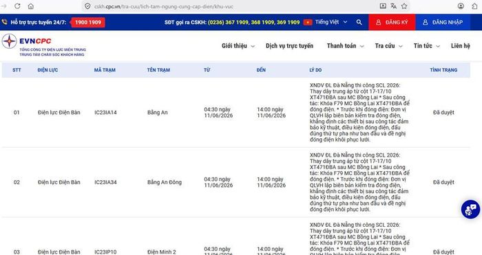 Lịch tạm ngừng cung cấp điện Đà Nẵng ngày mai 11/6 cập nhật trên website của Điện lực miền Trung lúc 11h ngày 10/6. Ảnh: BNEWS