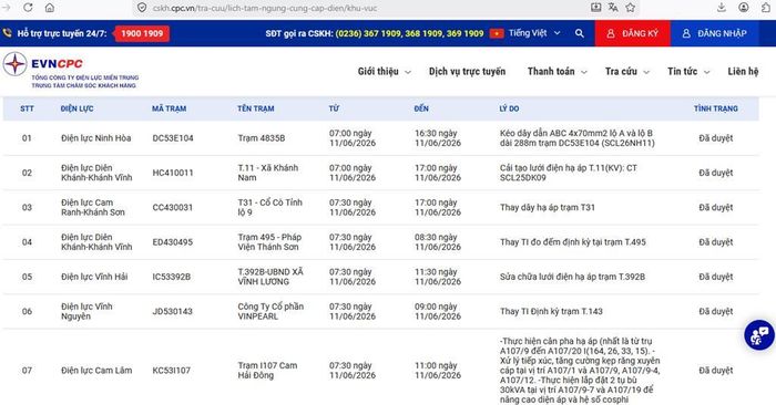 Lịch cắt điện Khánh Hòa ngày mai 11/6 cập nhật trên website của Điện lực miền Trung cập nhật lúc 11h05 ngày 10/6. Ảnh: BNEWS