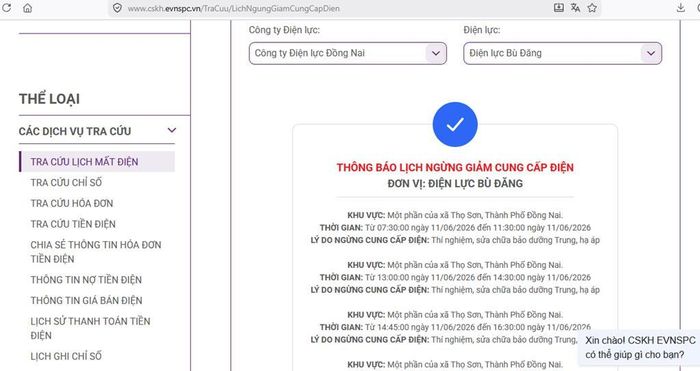 Lịch ngừng cấp điện tại Đồng Nai ngày mai 11/6 được cập nhật trên website của EVNSPC lúc 11h17 ngày 10/6. Ảnh: BNEWS phát