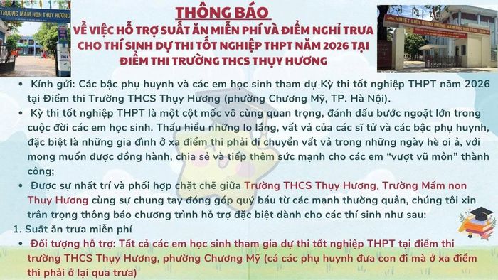 Thông báo hỗ trợ suất ăn miễn phí và điểm nghỉ trưa cho thí sinh của Trường Mầm non Thụy Hương.