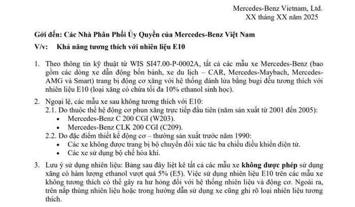 Thông báo của Mercedes-Benz về các dòng xe tương thích và không tương thích với xăng E10. Ảnh chụp màn hình