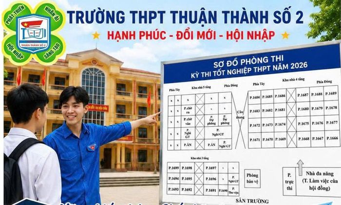 Pano sơ đồ phòng thi được đặt tại cổng điểm thi Trung học phổ thông Thuận Thành số 2.