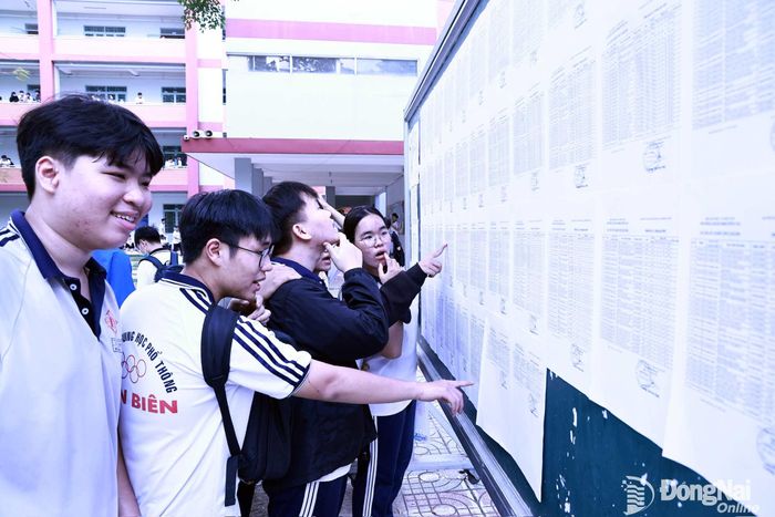 Thí sinh theo dõi danh sách và sơ đồ phòng thi tại điểm thi Trường THPT Trấn Biên. Ảnh: CN