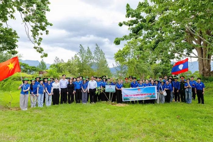 Đoàn viên thanh niên Việt Nam và Lào chung tay trồng cây tại khu di tích Tượng đài Khởi nghĩa Vĩnh Thạnh. Ảnh: Bích Kiều