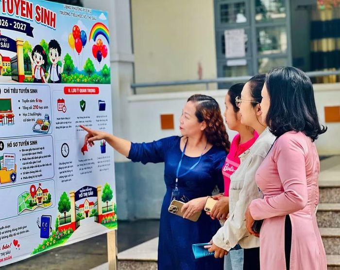 Trường Tiểu học Võ Thị Sáu (phường Pleiku) thông báo tuyển sinh và hướng dẫn phụ huynh hoàn thiện hồ sơ theo quy định. Ảnh: T.D