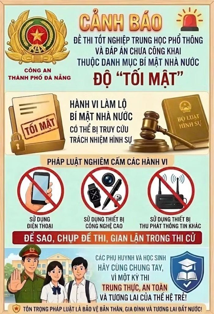 Các poster tuyên truyền, cảnh báo hành vi gian lận và làm lộ đề thi được niêm yết tại khu vực điểm thi.