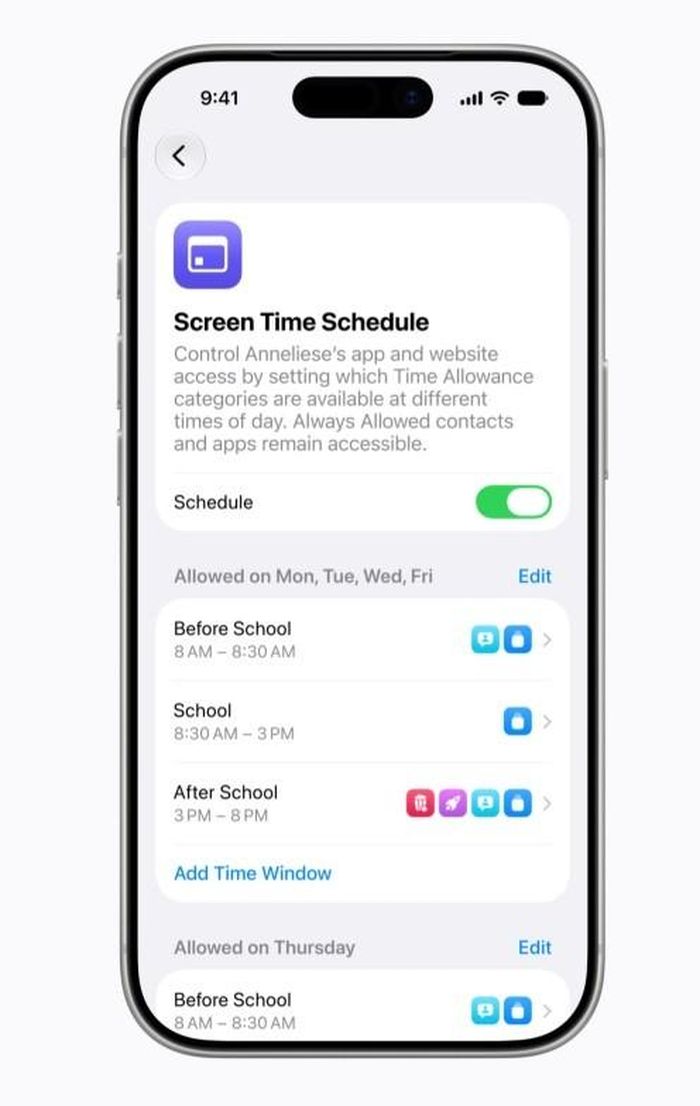 Giờ đây, phụ huynh có thể lên lịch thời gian sử dụng màn hình cho con cái của mình trong iOS 27. (Nguồn : Apple News)