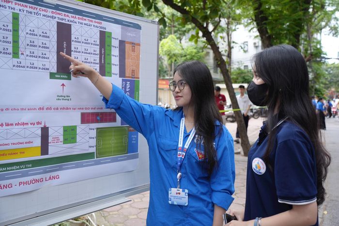 Lực lượng Đoàn Thanh niên hướng dẫn thí sinh tìm phòng thi. Ảnh: Phạm Mạnh