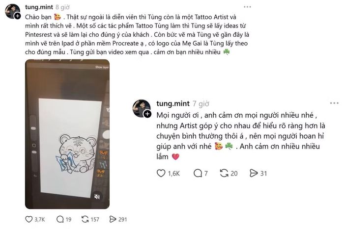 "Anh tài" Tùng Mint cũng để lại video thực hiện bên dưới bình luận.