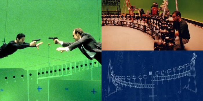 Hệ thống hàng chục máy ảnh được bố trí theo hình vòng cung để tạo nên hiệu ứng Bullet Time trong The Matrix (1999). Ảnh: before & after.