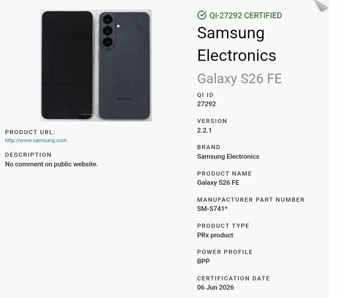 Thông tin về Galaxy S26 FE rò rỉ trên trang web của WPC. Ảnh: Gadgetsdata/X.