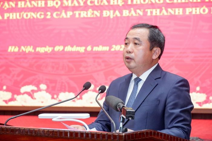 Ủy viên Bộ Chính trị, Bí thư Thành ủy Hà Nội Trần Đức Thắng phát biểu tại Hội nghị. Ảnh: Trung Nguyên - TTXVN