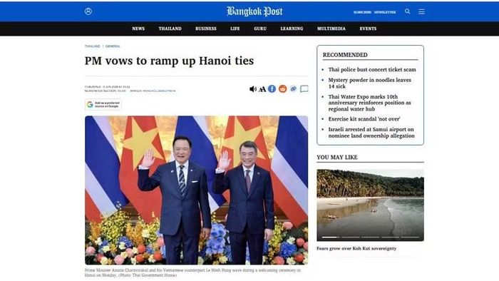 Bangkok Post thông tin về các hoạt động trong khuôn khổ chuyến thăm Việt Nam của Thủ tướng Anutin Charnvirakul. (Ảnh chụp màn hình)