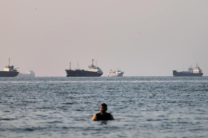 Tàu chở hàng và tàu thương mại neo đậu tại eo biển Hormuz ngoài khơi TP Bandar Abbas - Iran hôm 8-6Ảnh: AP