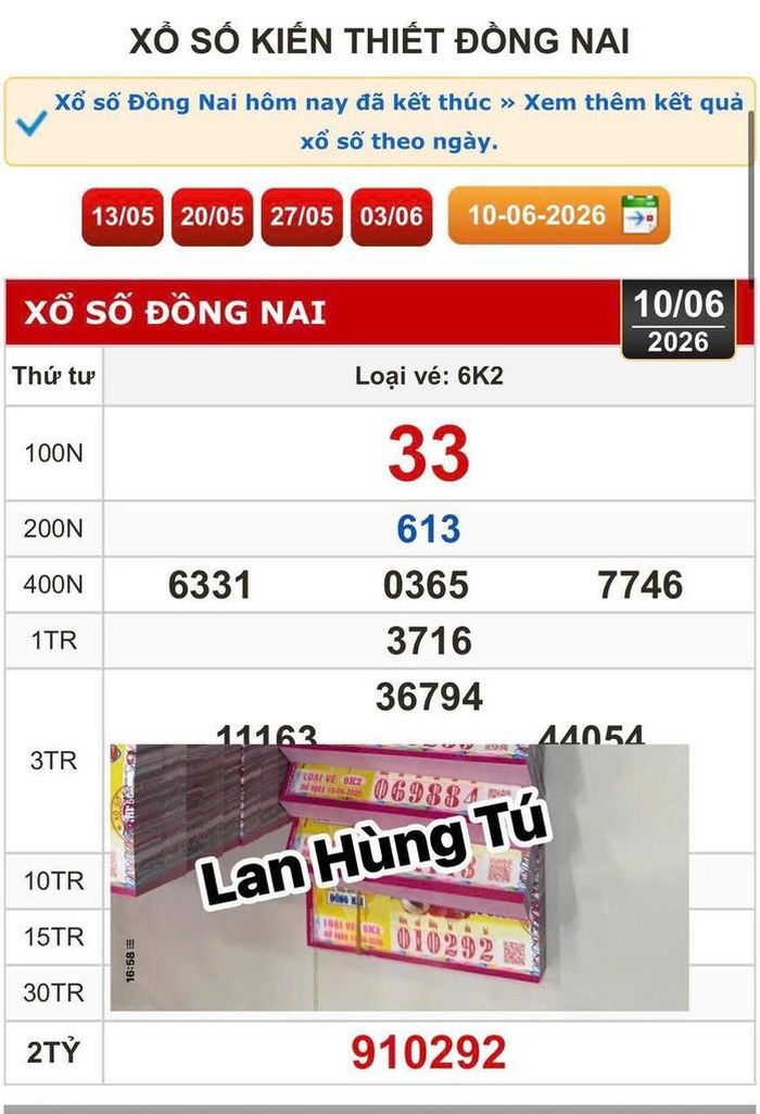 Nguyên cây 160 vé Đồng Nai trúng giải độc đắc và giải an ủi tại tỉnh Tây Ninh. Ảnh: ĐLVS Lan Hùng Tú