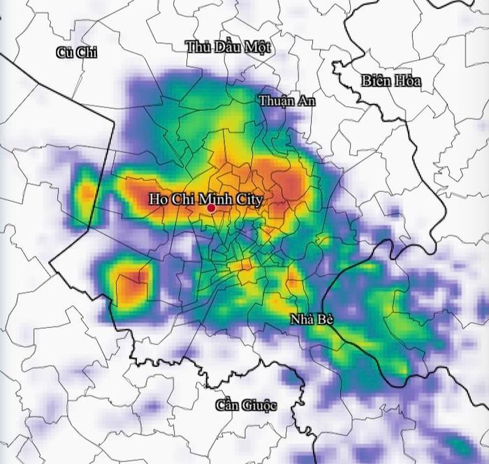 Nhiều nơi ở TPHCM có mưa theo dữ liệu radar thời tiết lúc 17 giờ 30 phút ngày 11-6. Ảnh chụp màn hình