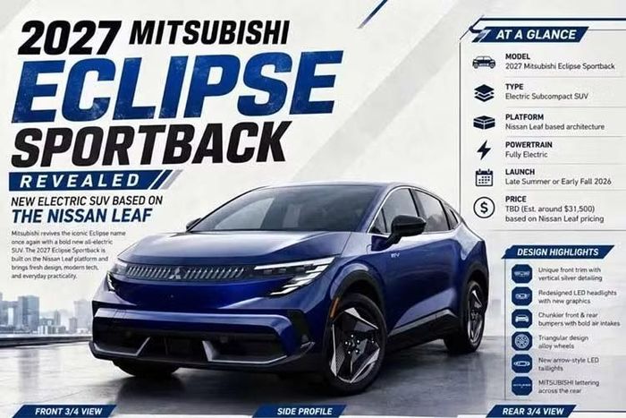 Tên gọi Eclipse tiếp tục được sử dụng cho những mẫu xe không liên quan đến dòng coupe thể thao từng được sản xuất từ năm 1989-2011. Cái tên này từng được dùng cho mẫu SUV cỡ nhỏ Mitsubishi Eclipse Cross. Đến nay, Mitsubishi lại xác nhận ra mắt mẫu xe điện Eclipse Sportback mới ở thị trường Bắc Mỹ, dự kiến bán vào nửa cuối năm 2026.