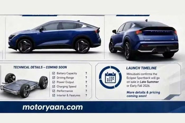 Bên dưới thân vỏ của Mitsubishi Eclipse Sportback là nền tảng khung gầm CMF-EV dùng chung với Nissan Leaf và Ariya. Các thông số kỹ thuật chi tiết sẽ được công bố sau. Trong khi đó, Nissan Leaf hiện có 2 tùy chọn pin với dung lượng 52 kWh và 75 kWh, đi kèm một mô-tơ điện duy nhất cho công suất lần lượt 174 mã lực hoặc 214 mã lực.