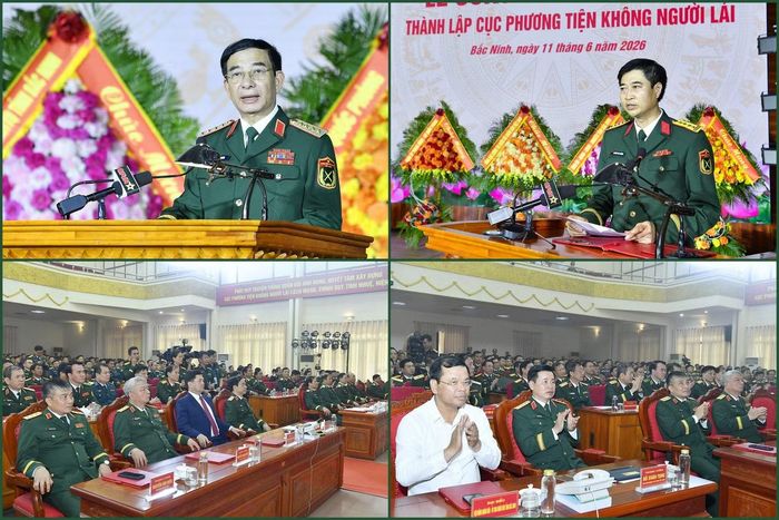 Đại tướng Phan Văn Giang và chỉ huy Cục Phương tiện không người lái phát biểu tại buổi lễ.