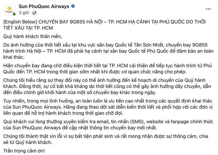 Thông báo của Sun PhuQuoc Airways.