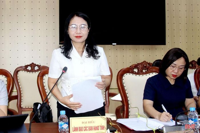 Trưởng ban Pháp chế HĐND tỉnh Nguyễn Thị Nhuần phát biểu tại buổi làm việc.