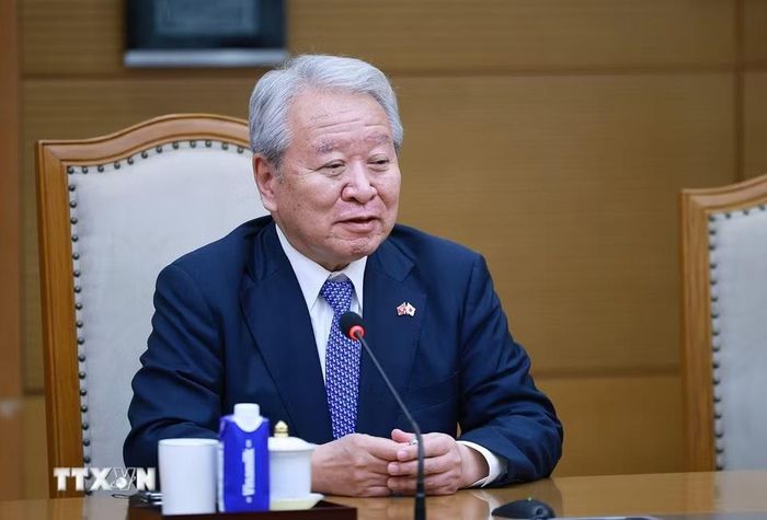 Chủ tịch Cơ quan Hợp tác Quốc tế Nhật Bản (JICA) Tanaka Akihiko phát biểu. (Ảnh: Dương Giang/TTXVN)