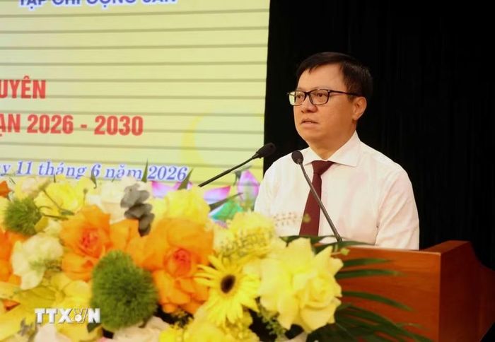 Ông Lê Quốc Minh, Ủy viên Trung ương Đảng, Tổng Biên tập Báo Nhân Dân, Phó Trưởng ban Tuyên giáo và Dân vận Trung ương, Chủ tịch Hội Nhà báo Việt Nam phát biểu. (Ảnh: Trần Trang/TTXVN)