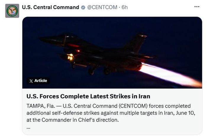 Ảnh chụp màn hình bài đăng của CENTCOM thông báo kết thúc đợt không kích ngày 10/6.