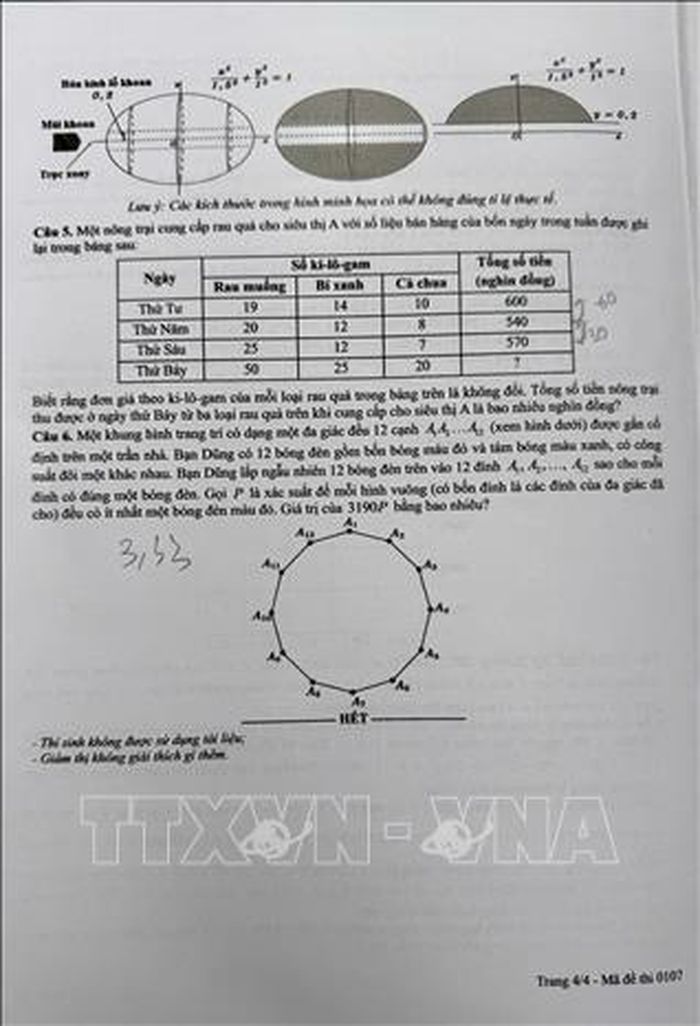 Trang 4 đề thi môn Toán mã 0107. Ảnh: Nguyễn Cúc/TTXVN