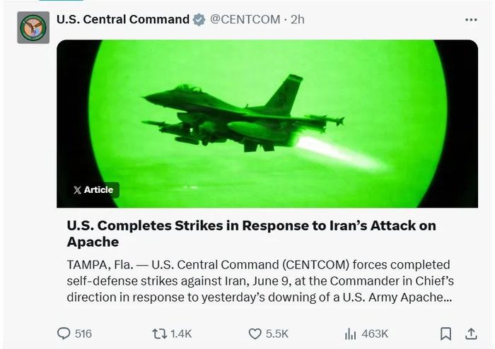 Ảnh chụp màn hình bài đăng của CENTCOM trên X thông báo Mỹ đã đáp trả xong vụ Iran bắn rơi trực thăng Apache.