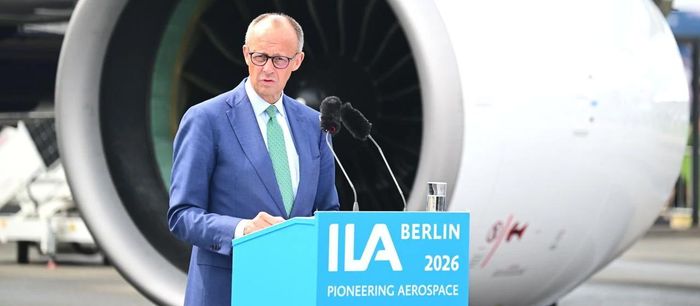 Thủ tướng Đức Friedrich Merz phát biểu tại lễ khai mạc triển lãm, ngày 10/6 Ảnh: Reuters