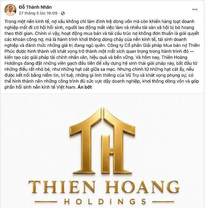Chia sẻ của ông Đỗ Thành Nhân về Thiên Hoàng Holdings ngày 27/5. (Nguồn: Trang cá nhân trên mạng xã hội của ông Đỗ Thành Nhân).