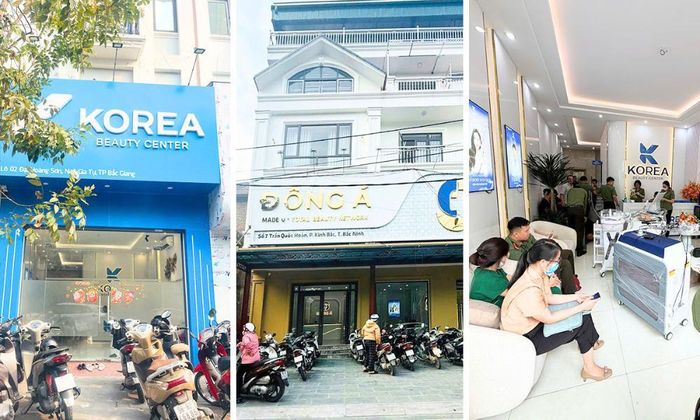 Các cơ sở làm đẹp do các đối tượng lừa đảo điều hành từ trái sang phải: Korea Beauty Center tại phường Bắc Giang, Đông Á Made U Total Beauty Network phường Kinh Bắc (tỉnh Bắc Ninh); Đông Á Beauty Center tại phường Trần Lãm (tỉnh Hưng Yên).