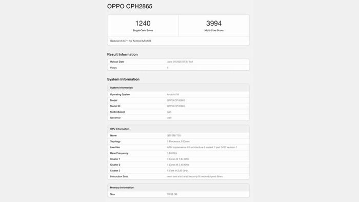 Điểm geekbench rò rỉ được cho là của phiên bản OPPO Reno16 quốc tế