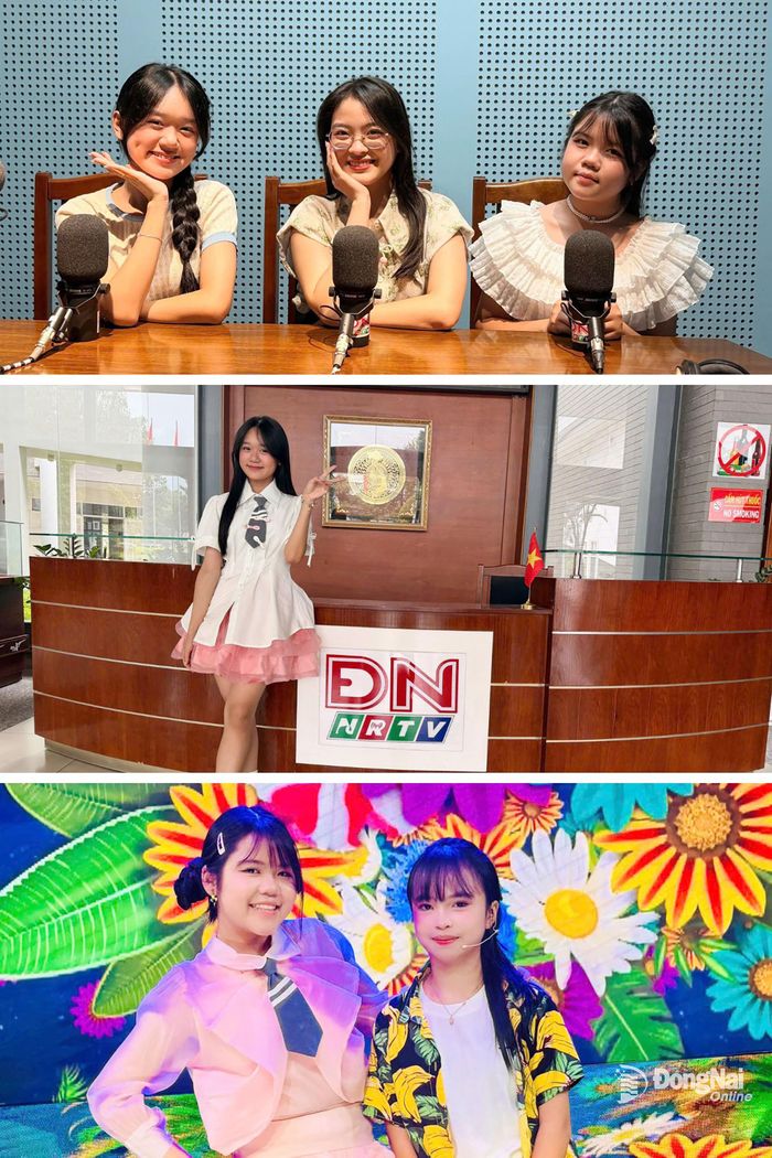 Minh Vy và Thảo Nhi lưu lại khoảnh khắc đáng nhớ tại Báo và Phát thanh, Truyền hình Đồng Nai khi tham gia chương trình Vườn hoa âm nhạc tuổi thơ và Radio tuổi thơ. Ảnh: Minh Huệ