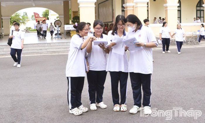 Thí sinh trao đổi đáp án sau khi hoàn thành bài thi môn Toán tại Điểm thi Trường THPT Nguyễn Đình Chiểu, chiều 11-6.