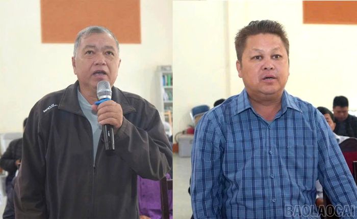 Ông Nông Thanh Hải, thôn Tả Van Dáy 2 bên trái) và ông Lý A Dế, thôn Bản Pho (bên phải) tham gia đóng góp ý kiến tại hội nghị.