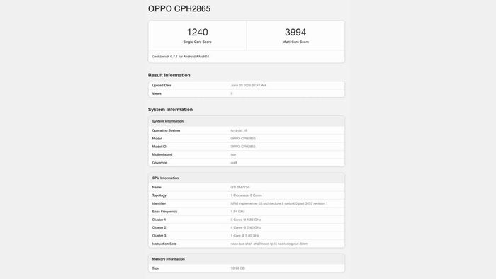 Điểm geekbench rò rỉ được cho là của phiên bản OPPO Reno16 quốc tế