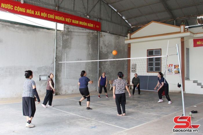 Người cao tuổi tổ 3, phường Chiềng Sinh tập luyện bóng chuyền hơi.