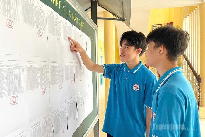 Thí sinh tại điểm thi trường THPT Ỷ La kiểm tra lại thông tin niêm yết trước khi vào phòng thi. Ảnh: Thúy Nga