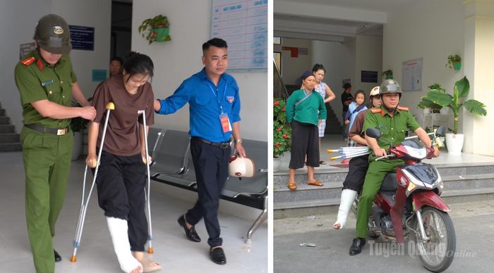 Em Lù Thị Thơm (Lớp 12C4, Trường THPT Hoàng Su Phì) không may bị tai nạn trước ngày dự thi, đến hôm nay ngày 11-6 em vẫn đang điều trị tại Bệnh viện Đa khoa khu vực Hoàng Su Phì. Ngay từ sáng sớm, Công an và Đoàn xã Hoàng Su Phì đã bố trí người hỗ trợ em Thơm đến điểm thi đúng giờ, an toàn. Ảnh: Như Nguyệt