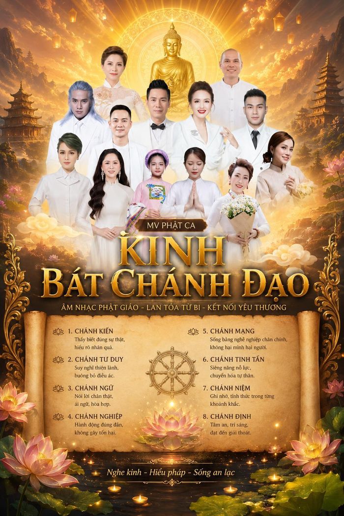 Nghệ sĩ Hoàng Yến và các cộng sự trong buổi ra mắt dự án Kinh ca Bát Chánh Đạo